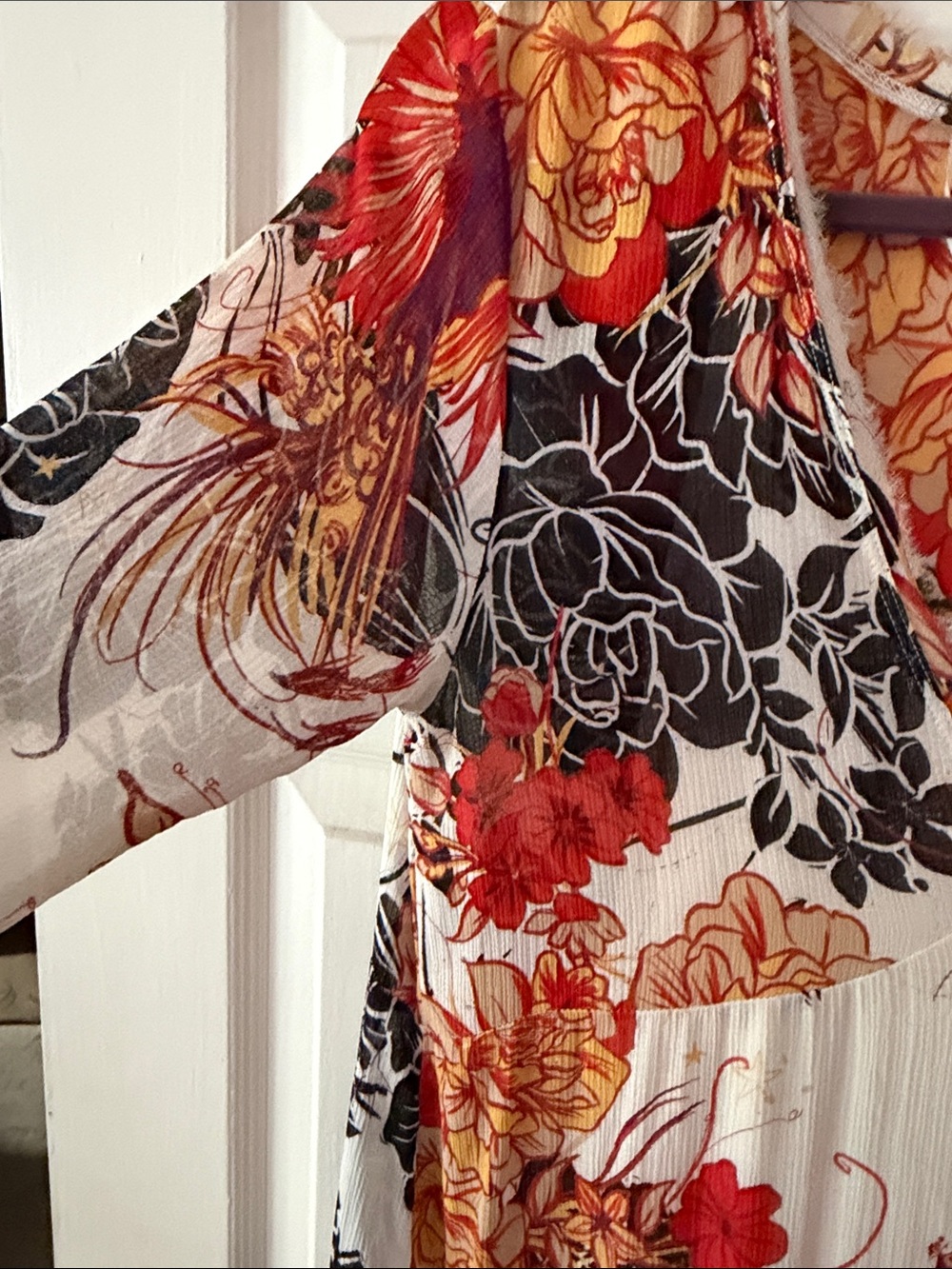 Free People Floral V-Neck Tiered Maxi Dress in White, Orange, & Black - Picture 7 of 11